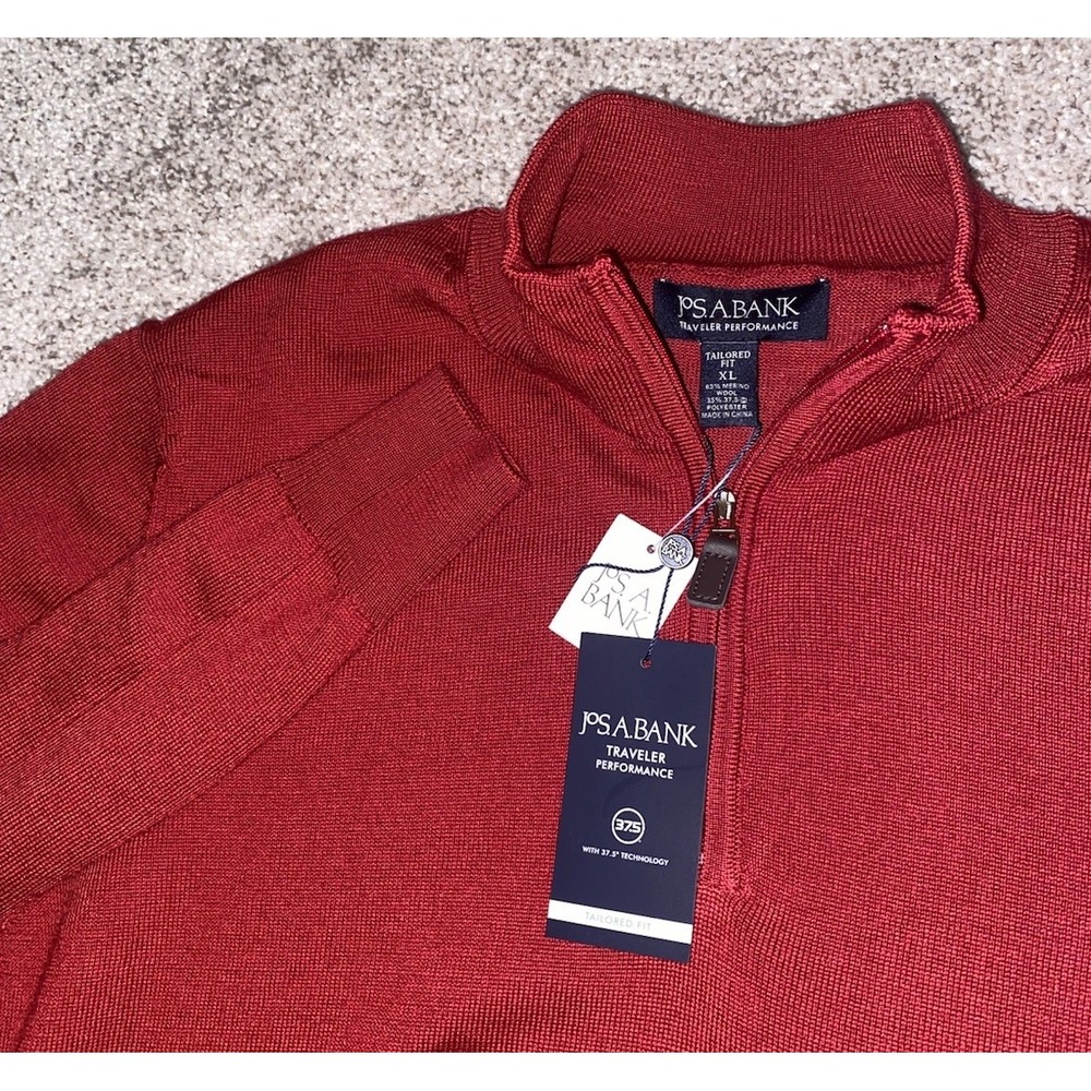 Jos. A Bank Merino Wool/Polyester 1/4 Zip Sweater Red Mens XL Preppy Casual NWT